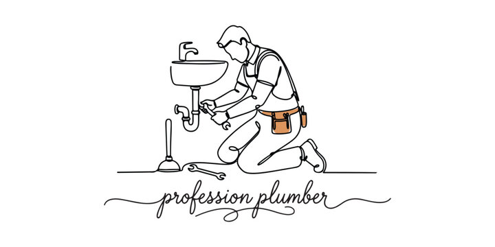 Minimalist line art illustration of a professional plumber fixing a sink pipe. Ideal for home repair services, plumbing business branding, maintenance blogs, technical training visuals