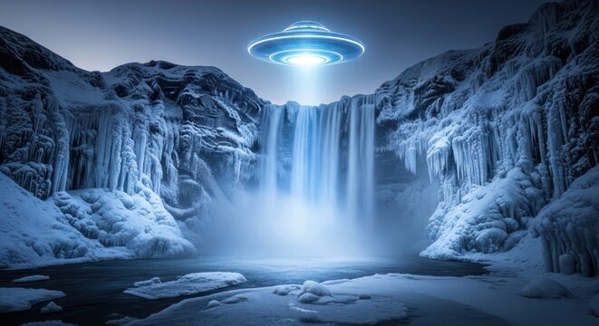 Unidentified flying object hovers over frozen waterfall casting eerie blue light