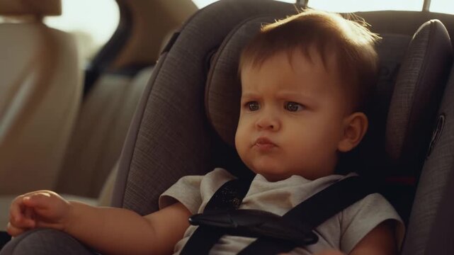 A young baby is safely seated in a car seat, expressing a slightly grumpy facial expression. The scene suggests a family outing or car ride Stock Video