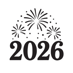 Bold black 2026 typography with simple fireworks on white background symbolizing new year celebration festive mood and joyful holiday design concept in clean minimal style