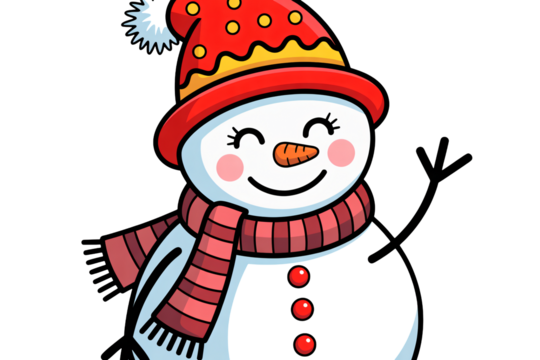 Joyful snowman with a vibrant red hat and scarf, perfect for winter holiday greetings and festive seasonal designs, cheerful and inviting