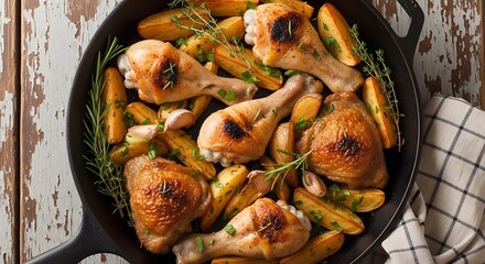 Delicious Roasted Chicken Drumsticks and Potatoes with Herbs in a Cast Iron Skillet.