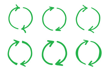 Set of hand drawn recycle arrow icon Recycling resources symbol Reuse of materials, zero waste, green environment, saving the planet