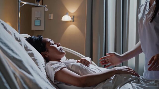 Hospital bedside reassurance, Nighttime care highlights vulnerability and silent optimism today, Serene hospital setting captures delicate balance between weakness and emerging hopefulness