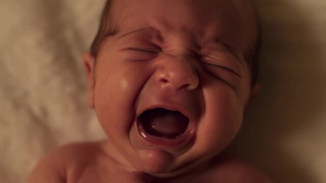 A newborn baby expressing strong emotion. The baby has its eyes closed, mouth open Stock Video