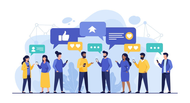 Social media network communication, users interacting with mobile devices, sharing information and opinions online