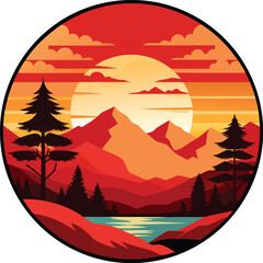 Retro Mountain Landscape Sunset Circle Graphic