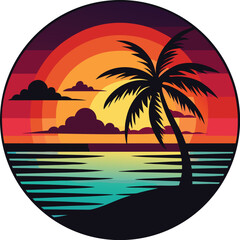 Retro Full Circle Beach Sunset Palm Tree