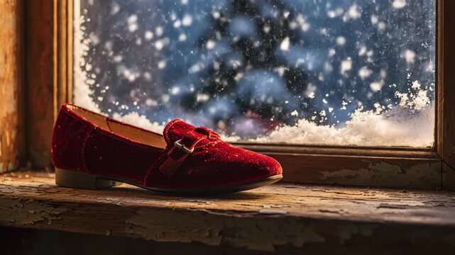 A red velvet shoe sits on an aged windowsill snow visible outside