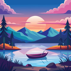 Mountain Lake Sunset Retro T-Shirt Design