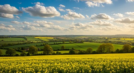 Rolling hills panorama covered in vibrant yellow blooms under sky