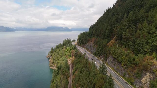 Aerial View of Scenic Sea to Sky Highway Winding Along the Coastline in British Columbia, Canada