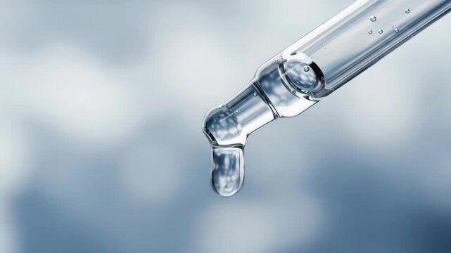 Close-up of glass dropper with liquid drop. Beauty, care, medicine, cosmetic or science concept. Abstract background for healthcare or scientific research.
