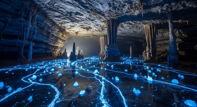 Mystical Glowworm Cave with Bioluminescent Trails and Stalactites.