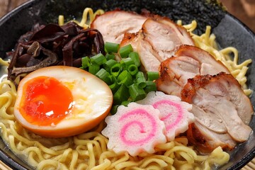 a Tonkotsu ramen bowl of traditional Japanese ramen with slices of chicken, halved boiled egg, seaweed, green onions, and other toppings