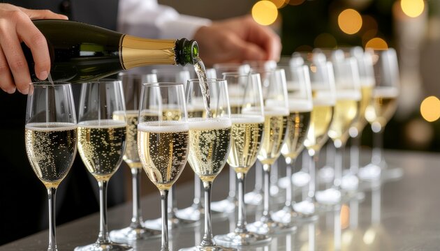 Professional bartender expertly pours sparkling champagne into elegant flutes, creating a festive atmosphere for celebration