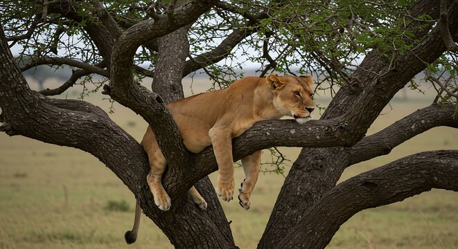 Lioness resting on a tree branch in the African savanna.