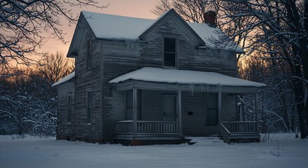 Old Abandoned House in Winter Snow with Sunset Sky.