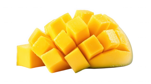 Fresh ripe mango cubes isolated on transparent background, a tropical fruit treat