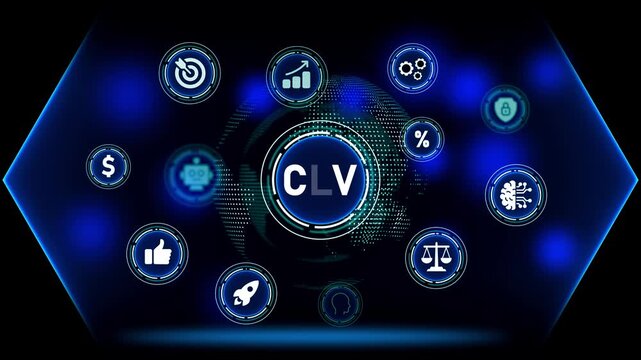 CLV Acronym in Digital Hub with Business and Technology Icons customer lifetime value marketing