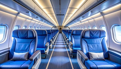 Airplane Interior with Blue Seats and Pillows, Cabin View
