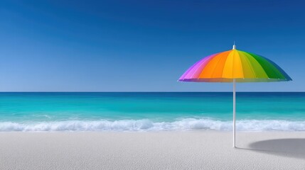 Vibrant Rainbow Beach Umbrella Standing on a White Pebble Shoreline with Turquoise Ocean Waves Under a Clear Blue Sky