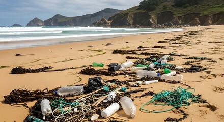 Polluted beach with plastic waste and debris on the sand.