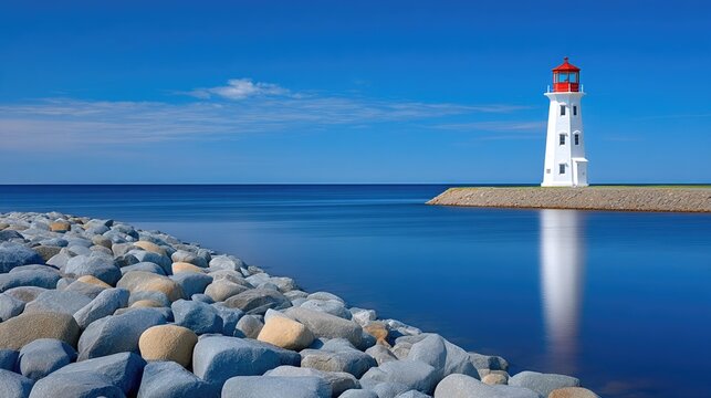 White Lighthouse With Red Cap Stands On Rocky Shoreline Against A Clear Blue Sky And Calm Blue Ocean Water - Powered by Adobe