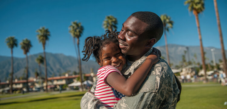Joyful father in military uniform embraces his smiling daughter outdoors with palm trees and mountains in background on sunny day