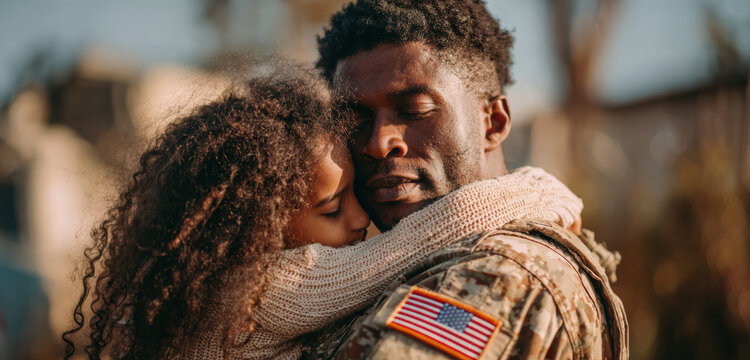 Loving embrace between soldier and child shows deep affection and warmth in heartfelt reunion moment outdoors