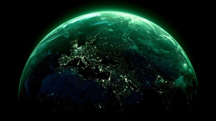 Glowing atmospheric layer surrounds a depiction of the planet Earth viewed from space at night