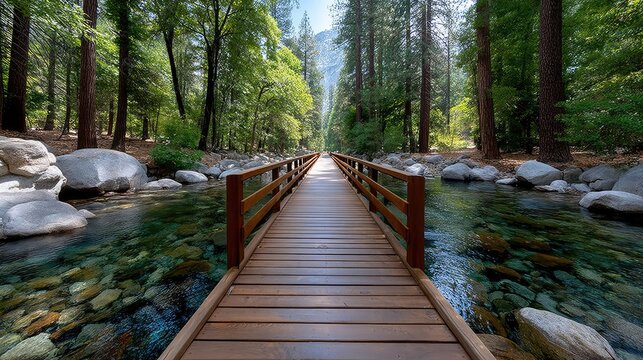 Wooden footbridge crossing a clear shallow stream through a sunlit forest with large rocks and lush green trees