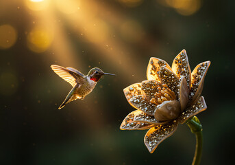 A hummingbird with iridescent feathers hovers near a flower, bathed in golden sunlight, possibly drinking nectar.