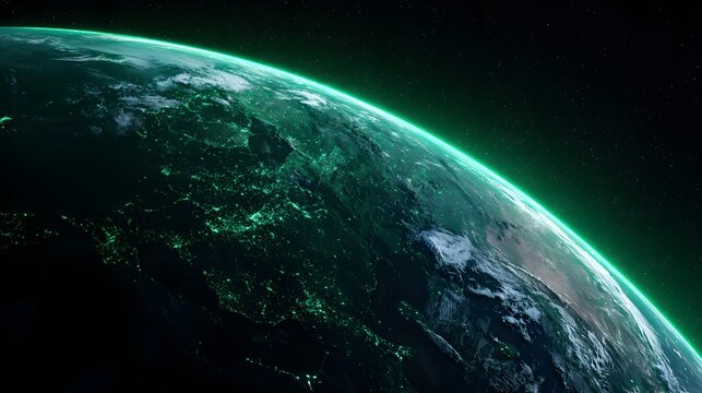 Glowing planetary sphere visible from deep space illuminated by city lights below and atmospheric energy - Powered by Adobe