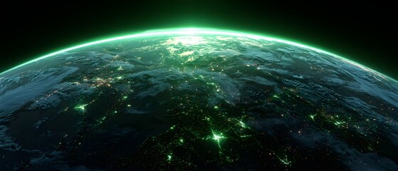 Obraz premium Planet surface viewed from space displaying illuminated city lights beneath a glowing atmospheric layer