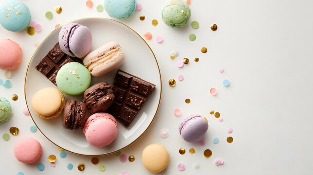 Delicious macarons and chocolates dessert table sweet treats festive setup top view photography