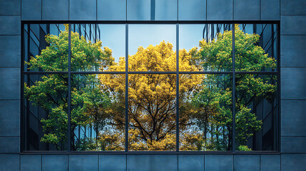 Urban nature reflection in modern building facade trees mirrored in glass windows corporate architecture and environmental harmony conceptual image showing greenery reflected
