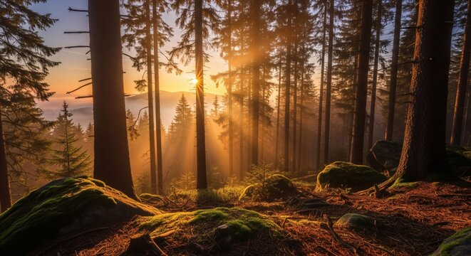 Golden sunbeams pierce through the serene mist of an ancient forest at dawn, illuminating moss-covered ground and tall trees in a breathtaking natural landscape