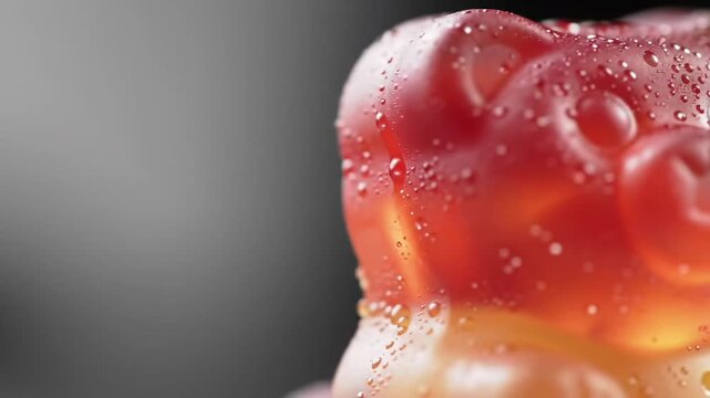 Close-up of a red and orange gummy bear with water droplets on a dark gray to black gradient background