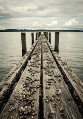 Rustic Wooden Pier Extending into Calm Water Under Overcast Sky.