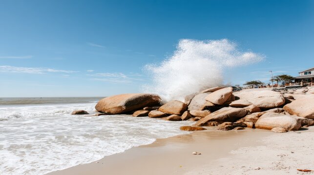 Coastal Beach Scene with Large Rocks and Waves Crashing Under Clear Blue Sky