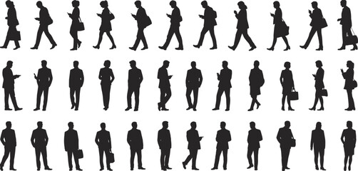 Urban lifestyle silhouettes, diverse people walking, mobile phone usage, business attire, modern behavior, minimal design, black and white illustration