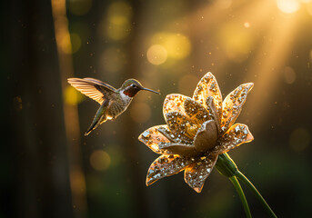 A hummingbird hovers near a flower covered in water droplets, illuminated by golden sunlight in a natural setting.