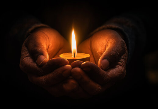 Warm hands gently holding a bright candle flame, radiating hope and peace in the darkness, creating a sense of comfort and serene tranquility