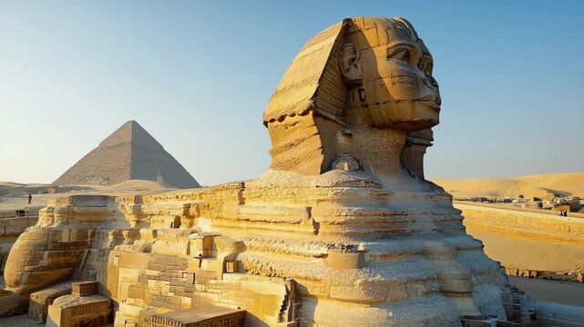 Great Sphinx of Giza with pyramid background in Egypt