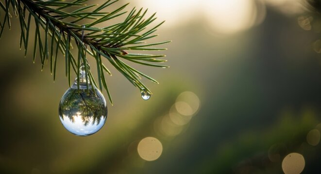 Clear ornament and water droplet on pine branch, ideal for winter holiday designs, christmas decorations, festive greeting cards, and nature themes. - Powered by Adobe