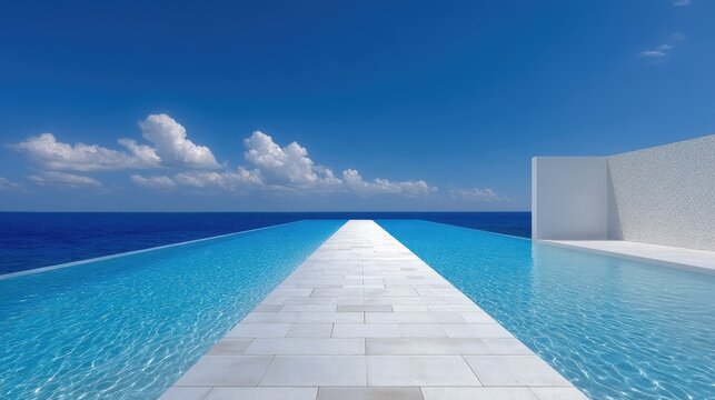 Vibrant Infinity Pool Blending Seamlessly Into The Ocean Under A Clear Blue Sky With White Clouds And Sunlit Water Reflecting The Bright Sunlight