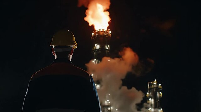 Industrial engineer observing massive chemical refinery flare stack burning gas at night