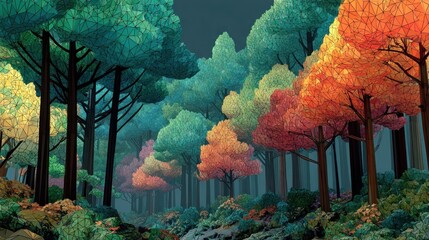 Colorful, stylized forest scene with vibrant trees.  A path winds through the woods, creating a sense of wonder and mystery