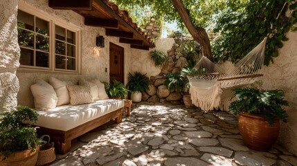 Cozy courtyard with seating, plants, and a hammock in dappled sunlight
